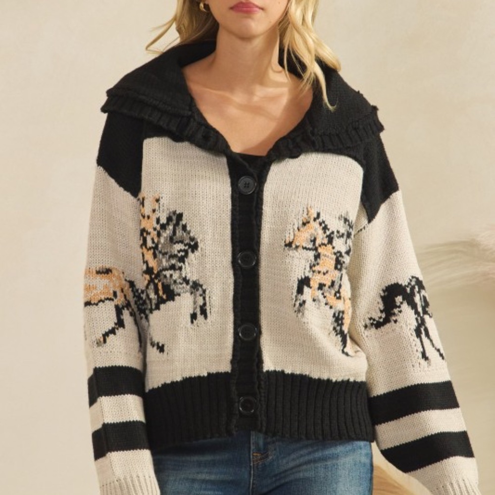 Cozy Horse Western Graphic Wide Collar Button Down Cardigan - Picture 7 of 8